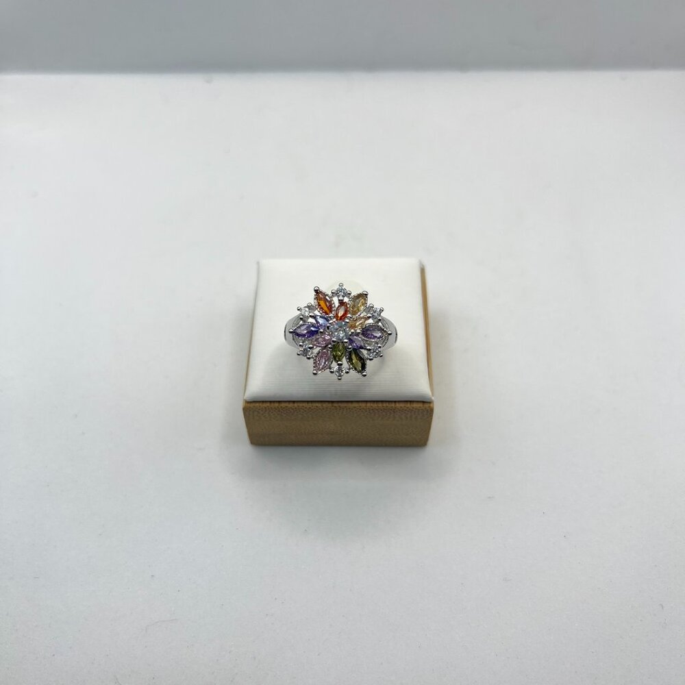 Rainbow Czs Flower Silver Ring - Size 7